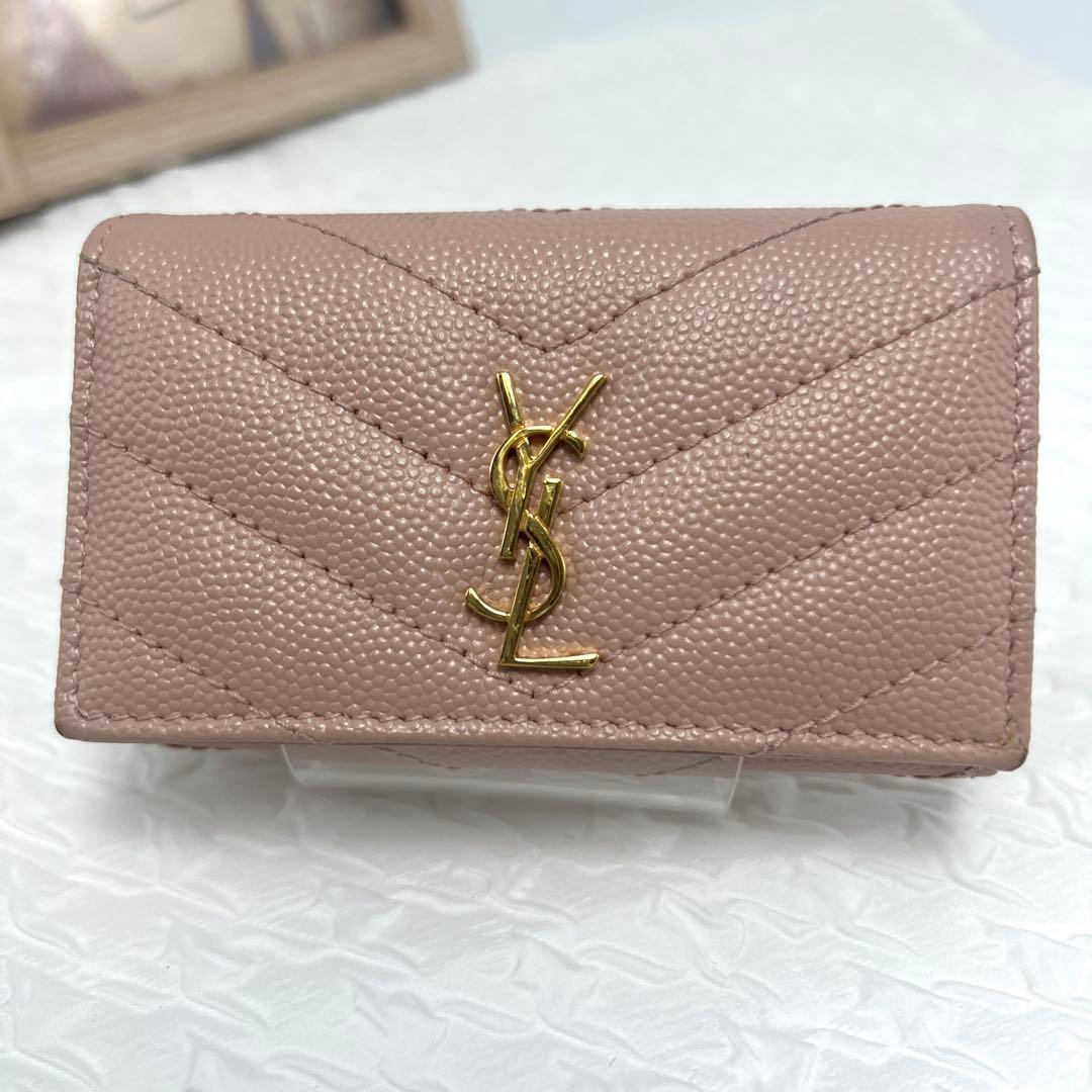 ✨極美品✨YSLサンローラン　4連キーケース　キャビアスキン　Vステッチ　ピンク