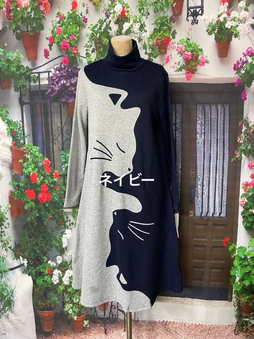 ヒロミ182猫print裏起毛ニットソーTU(NV)（MK)(BK)