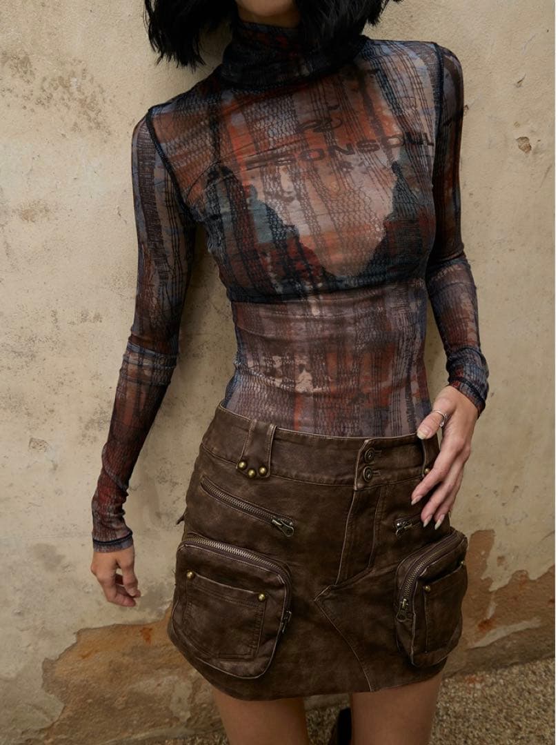 試着のみ PERSONSOUL*Worn Leather Skirtミニスカート