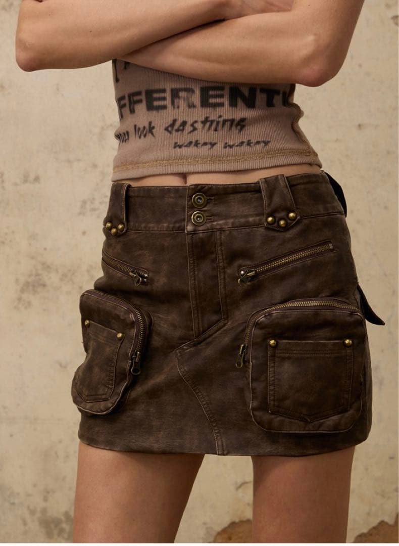 試着のみ PERSONSOUL*Worn Leather Skirtミニスカート