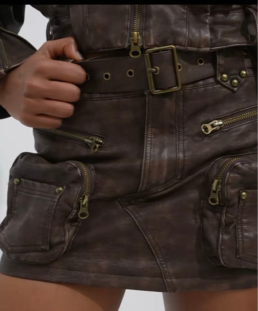 試着のみ PERSONSOUL*Worn Leather Skirtミニスカート