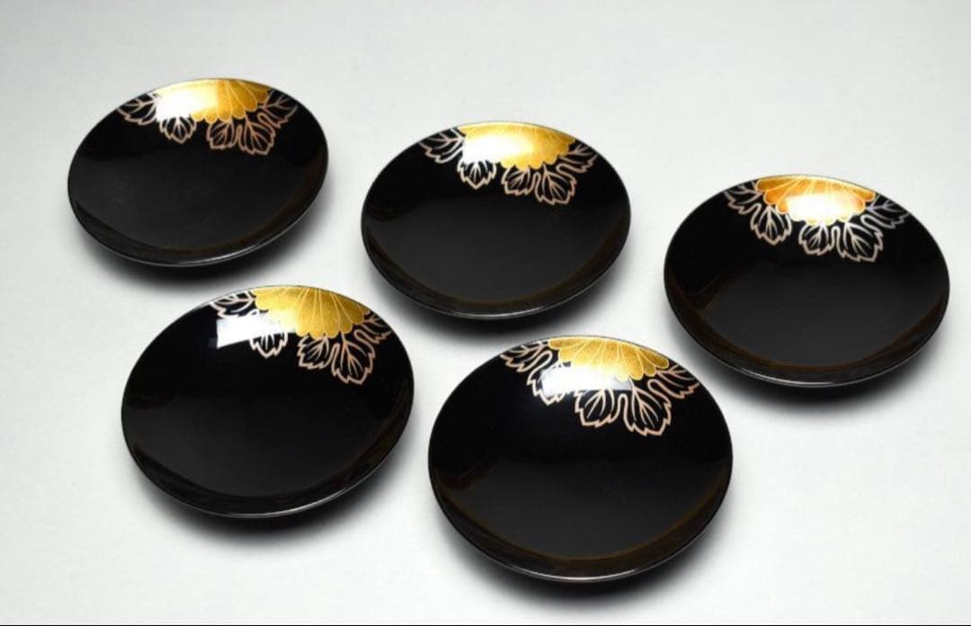 輪島塗　蒔絵菊花図　五客