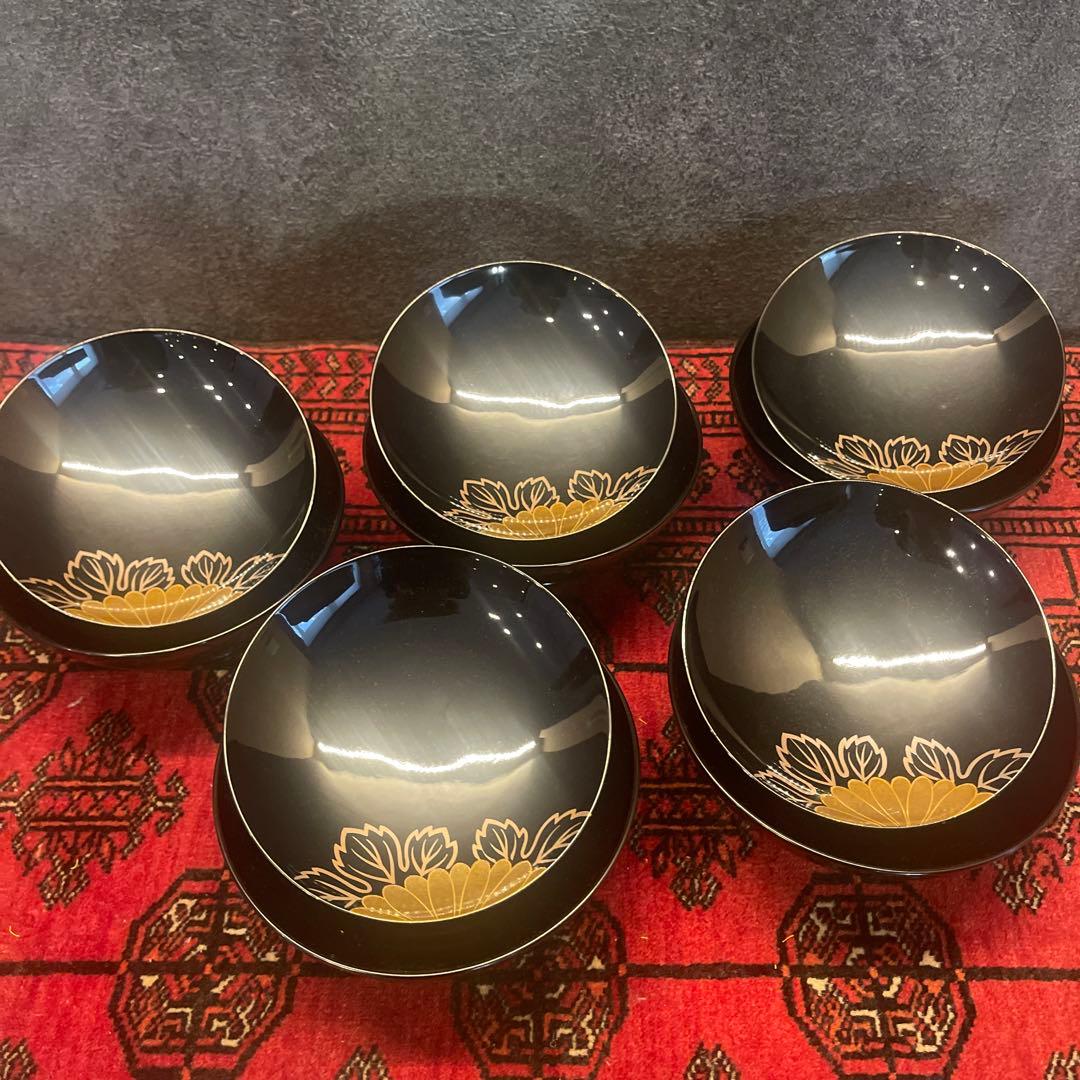 輪島塗　蒔絵菊花図　五客