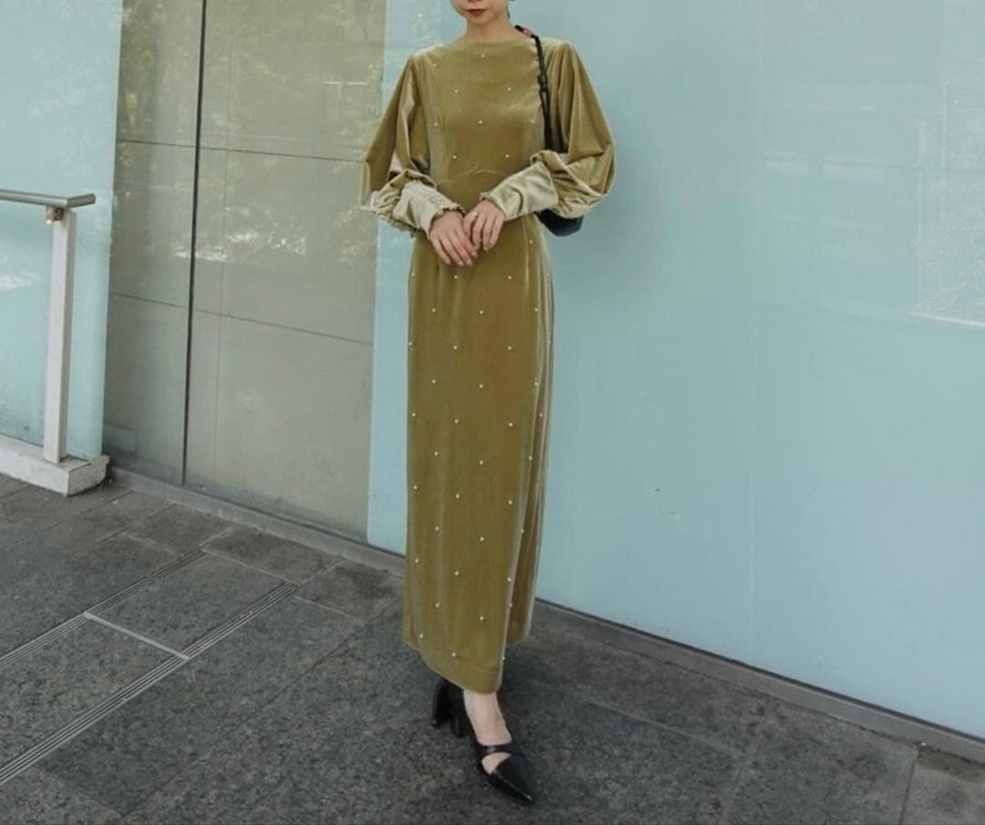 ワンピース Ameri BACK OPEN PEARL VELOUR DRESS