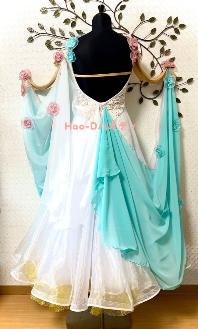 新品★ダンスドレス★スタンダード★社交ダンス★競技会★パーティー★花★バイカラー