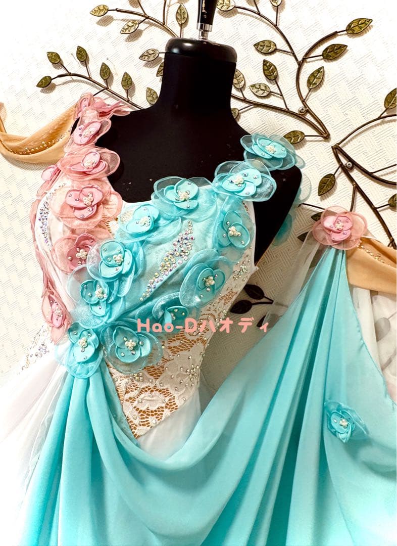 新品★ダンスドレス★スタンダード★社交ダンス★競技会★パーティー★花★バイカラー