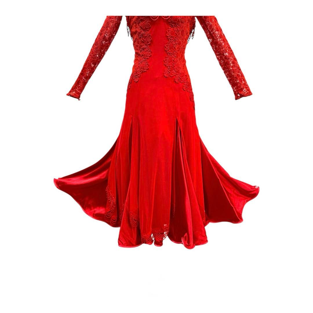 6252★セキネ★M 赤 サテン レース スタンダードドレス 社交ダンス