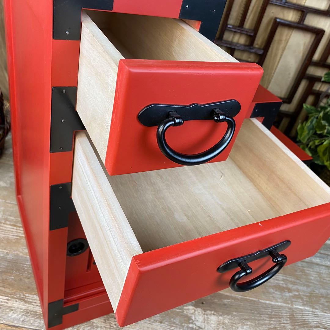 在庫処分セール！民芸家具引き戸付き階段箪笥右下がり朱色木製桐材無垢チェストタンス