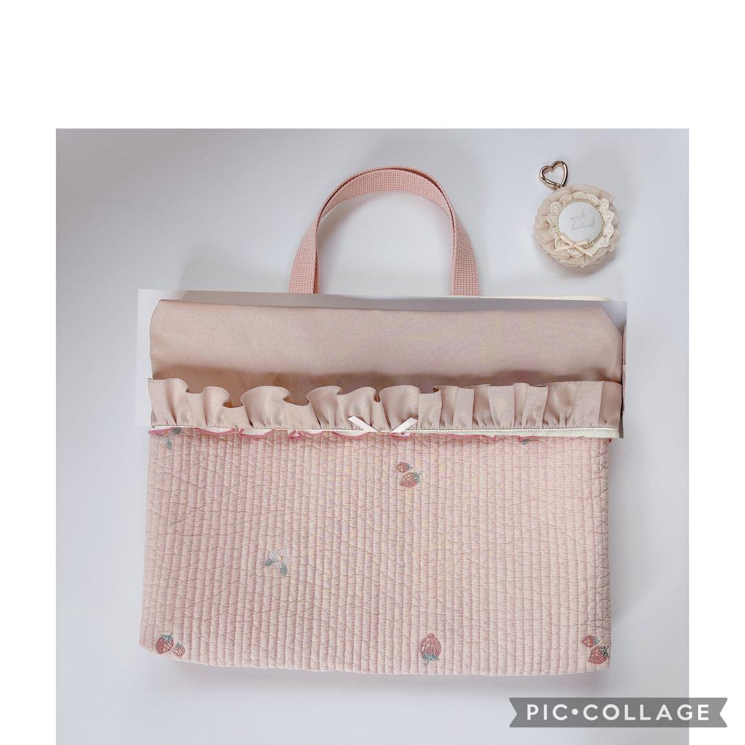 akiko様　レッスンバッグ　上履き袋　体操着袋　ヌビ　キルト　いちご　刺繍生地