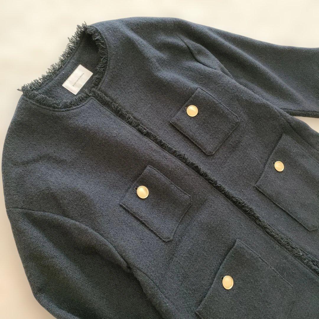 美品グリーンレーベルリラクシング ツイード ノーカラー ジャケット 紺 38