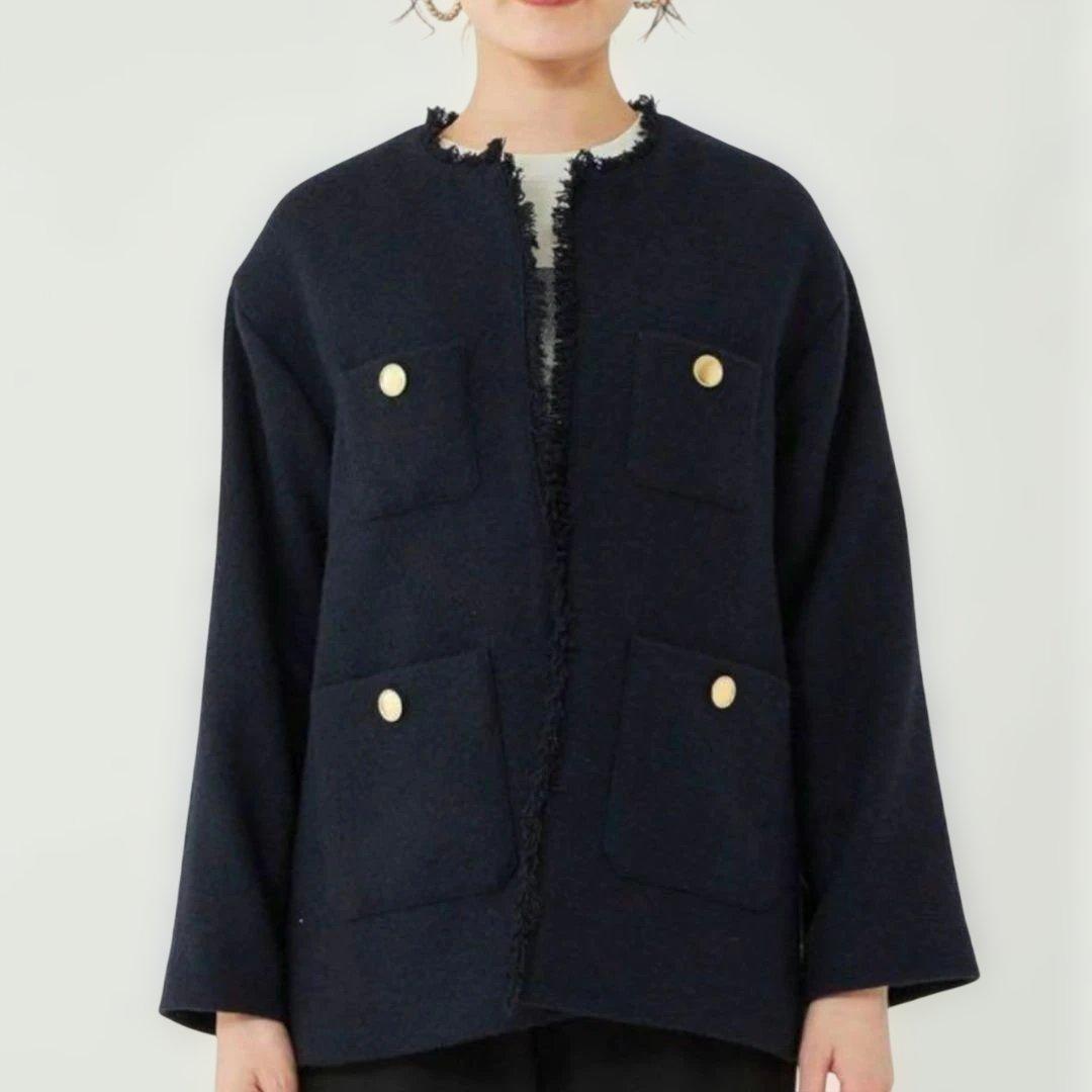 美品グリーンレーベルリラクシング ツイード ノーカラー ジャケット 紺 38