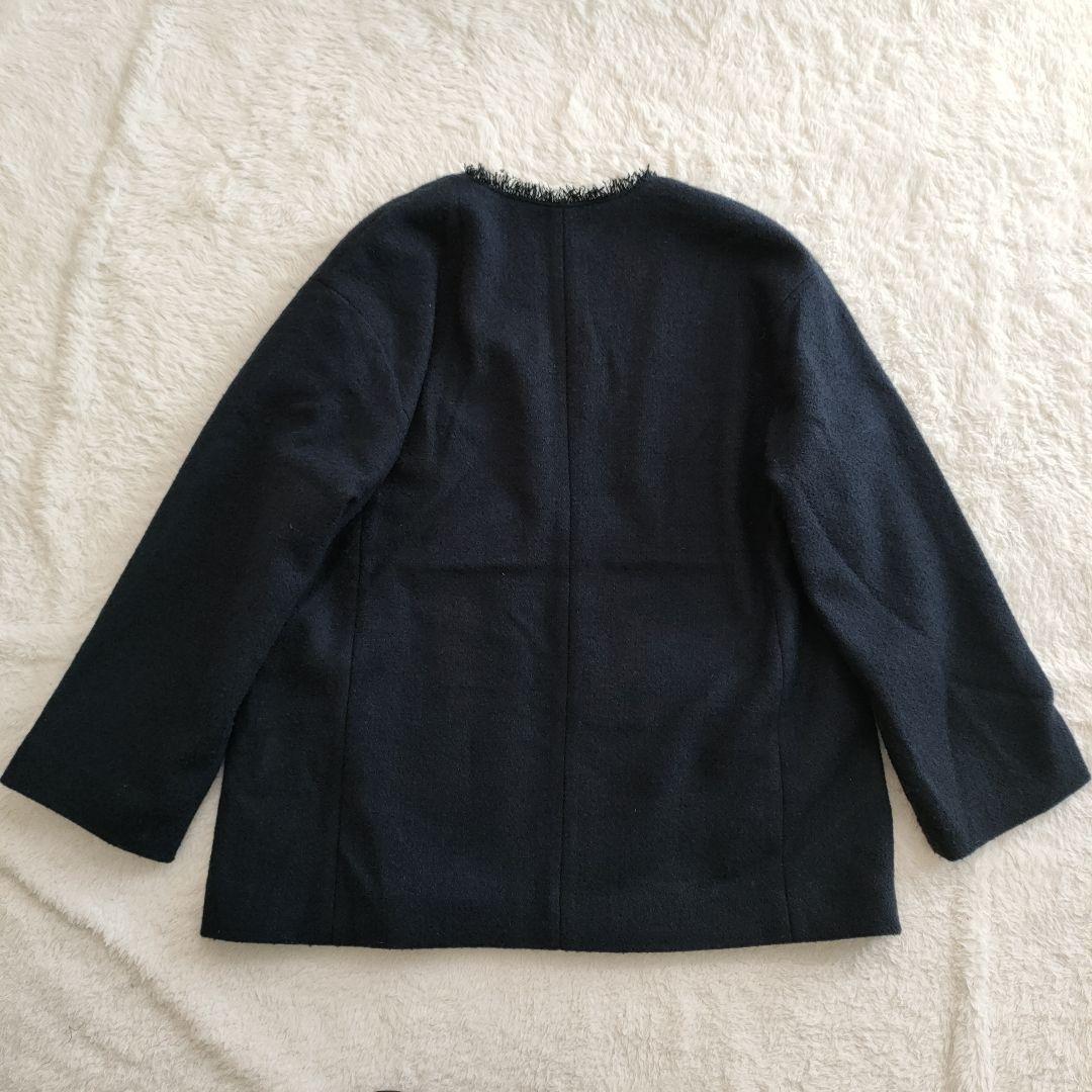 美品グリーンレーベルリラクシング ツイード ノーカラー ジャケット 紺 38