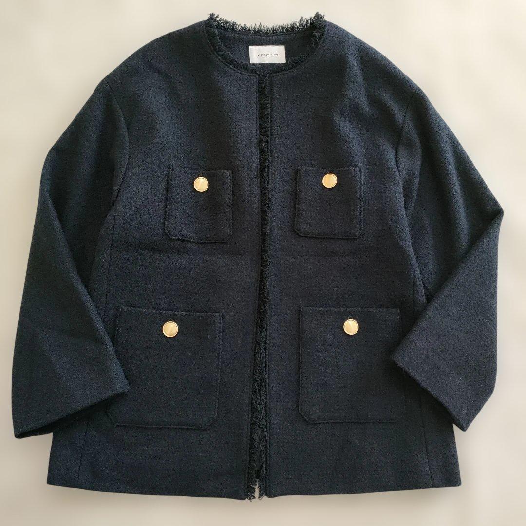美品グリーンレーベルリラクシング ツイード ノーカラー ジャケット 紺 38