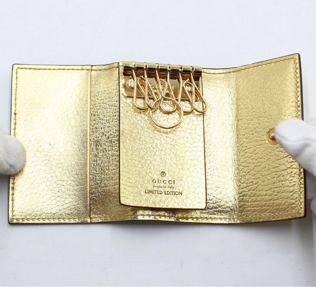 N2190 未使用!! グッチ GGマーモント レザー×キャンバス6連キーケース