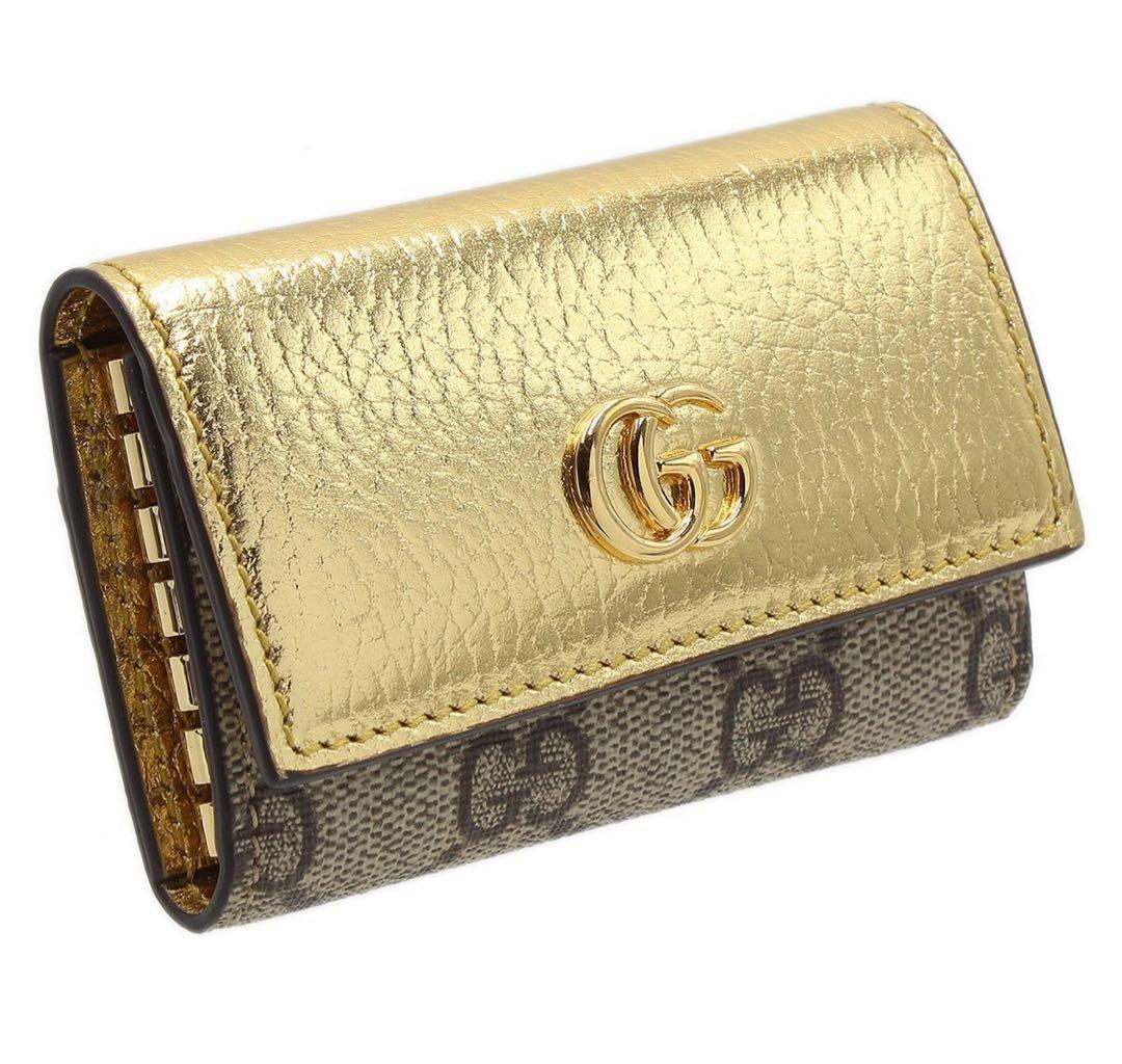 N2190 未使用!! グッチ GGマーモント レザー×キャンバス6連キーケース
