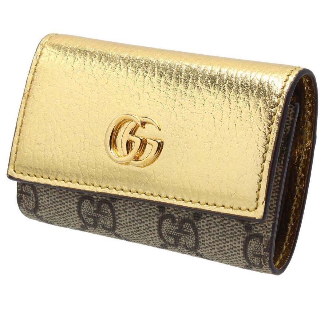 N2190 未使用!! グッチ GGマーモント レザー×キャンバス6連キーケース