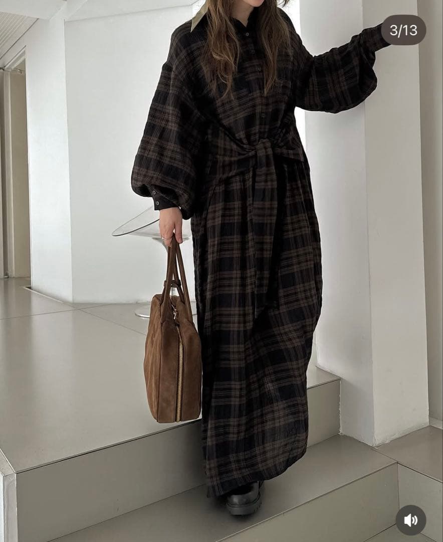 ワンピース sidedrawstringdoublecollarcheckshirtOP