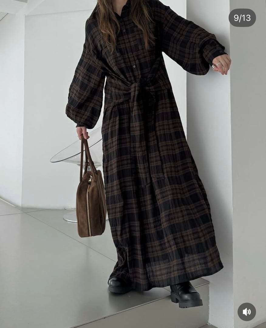 ワンピース sidedrawstringdoublecollarcheckshirtOP