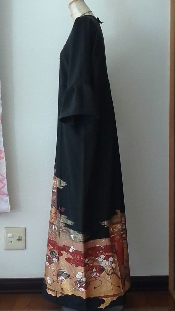 着物リメイクワンピース 留袖ドレス屏風絵 落款あり作家物