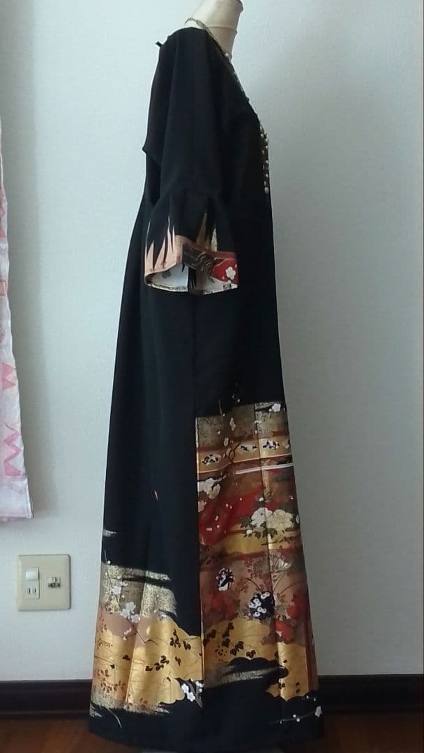 着物リメイクワンピース 留袖ドレス屏風絵 落款あり作家物