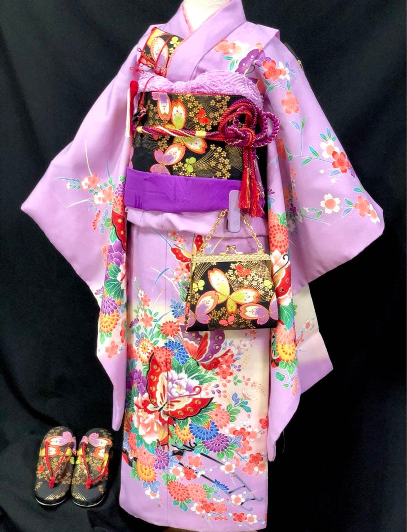 七五三　7歳　女の子　藤色　薄紫　四つ身　着物　作り帯　セット　753 七歳