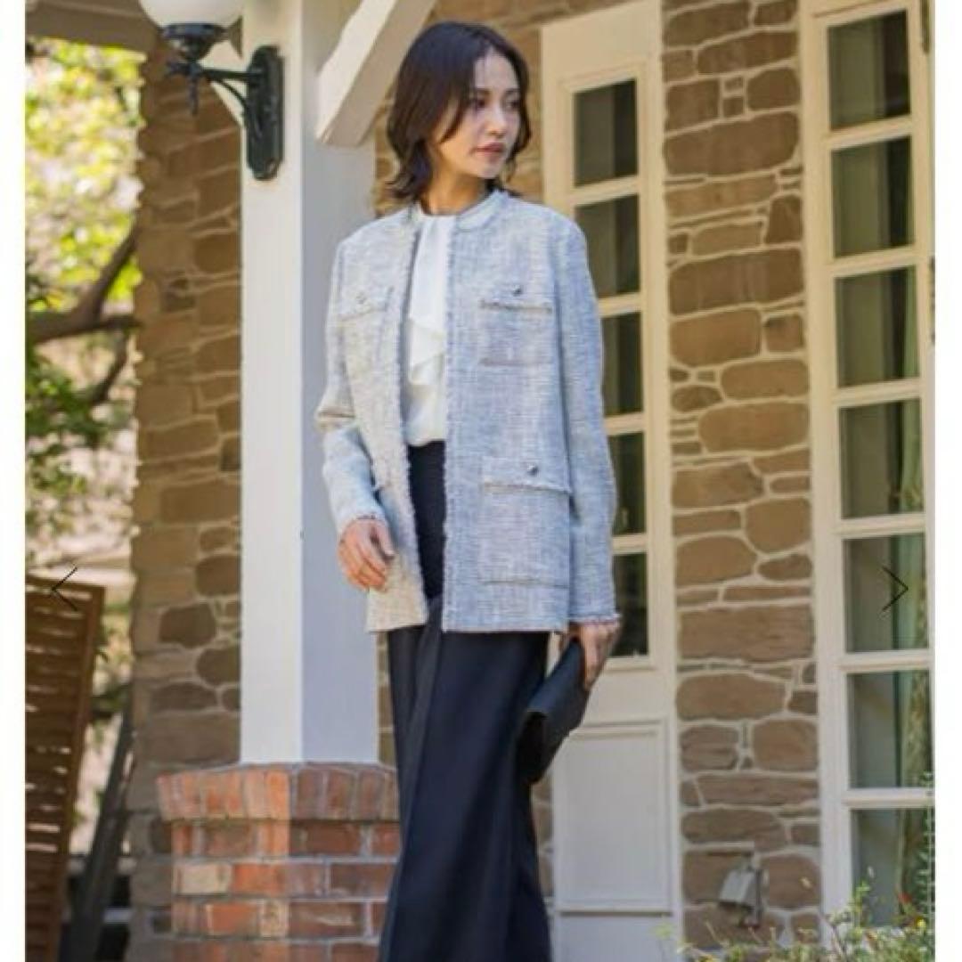 専用ロートレアモン ストレッチツィードジャケット　ノーカラー　ホワイト系　36