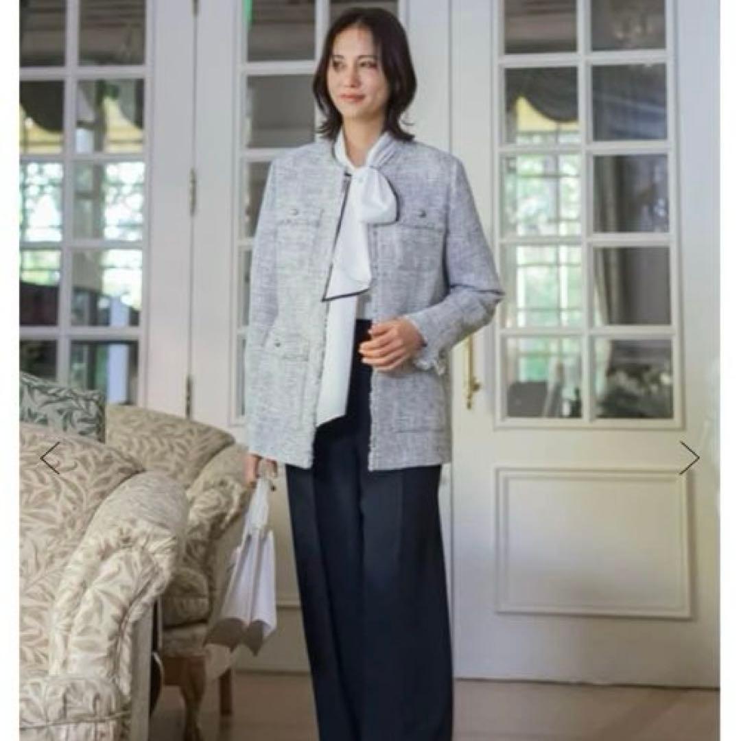 専用ロートレアモン ストレッチツィードジャケット　ノーカラー　ホワイト系　36