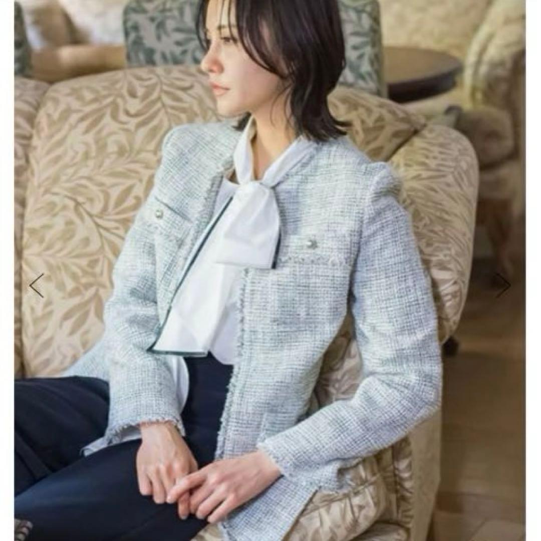 専用ロートレアモン ストレッチツィードジャケット　ノーカラー　ホワイト系　36