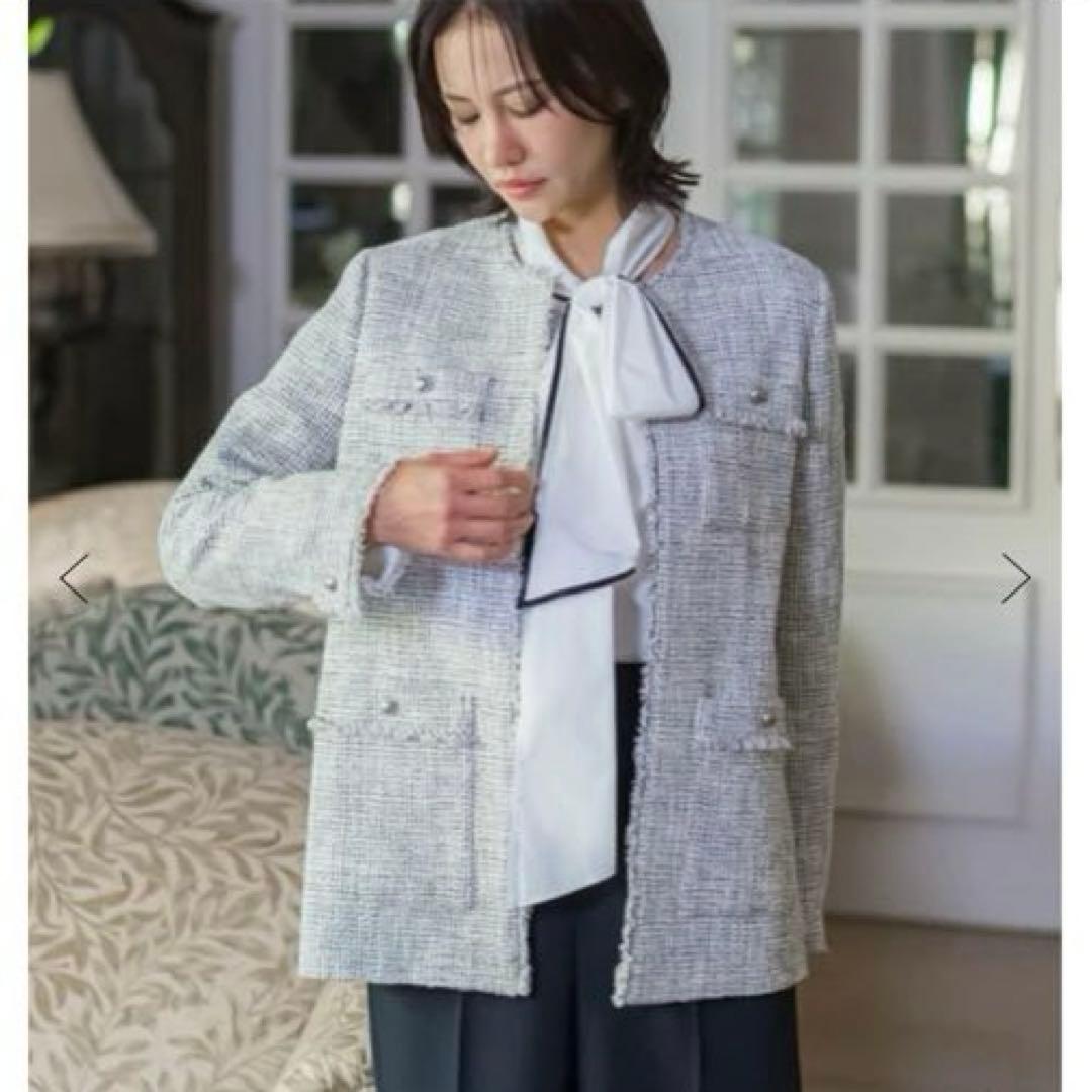 専用ロートレアモン ストレッチツィードジャケット　ノーカラー　ホワイト系　36