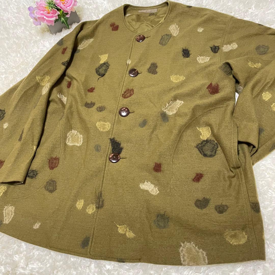 【希少】美品　ヨーガンレール　コート　ウール100 変形水玉　抹茶　お茶色⭐︎