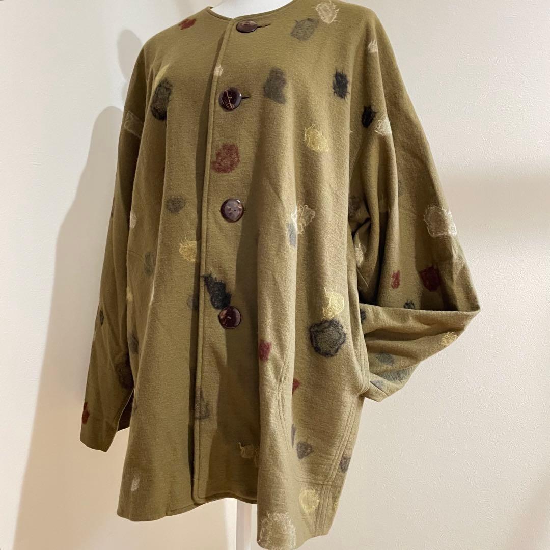 【希少】美品　ヨーガンレール　コート　ウール100 変形水玉　抹茶　お茶色⭐︎