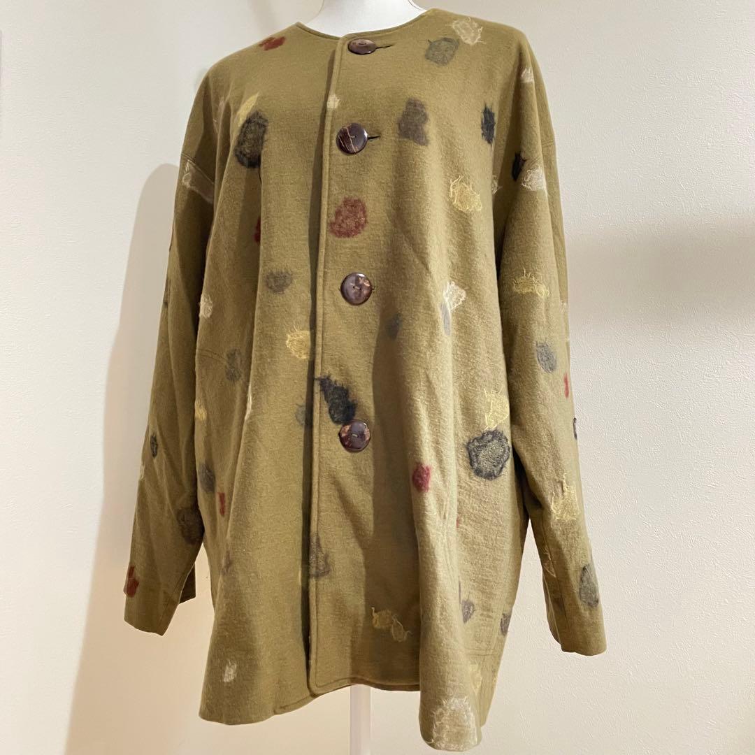 【希少】美品　ヨーガンレール　コート　ウール100 変形水玉　抹茶　お茶色⭐︎