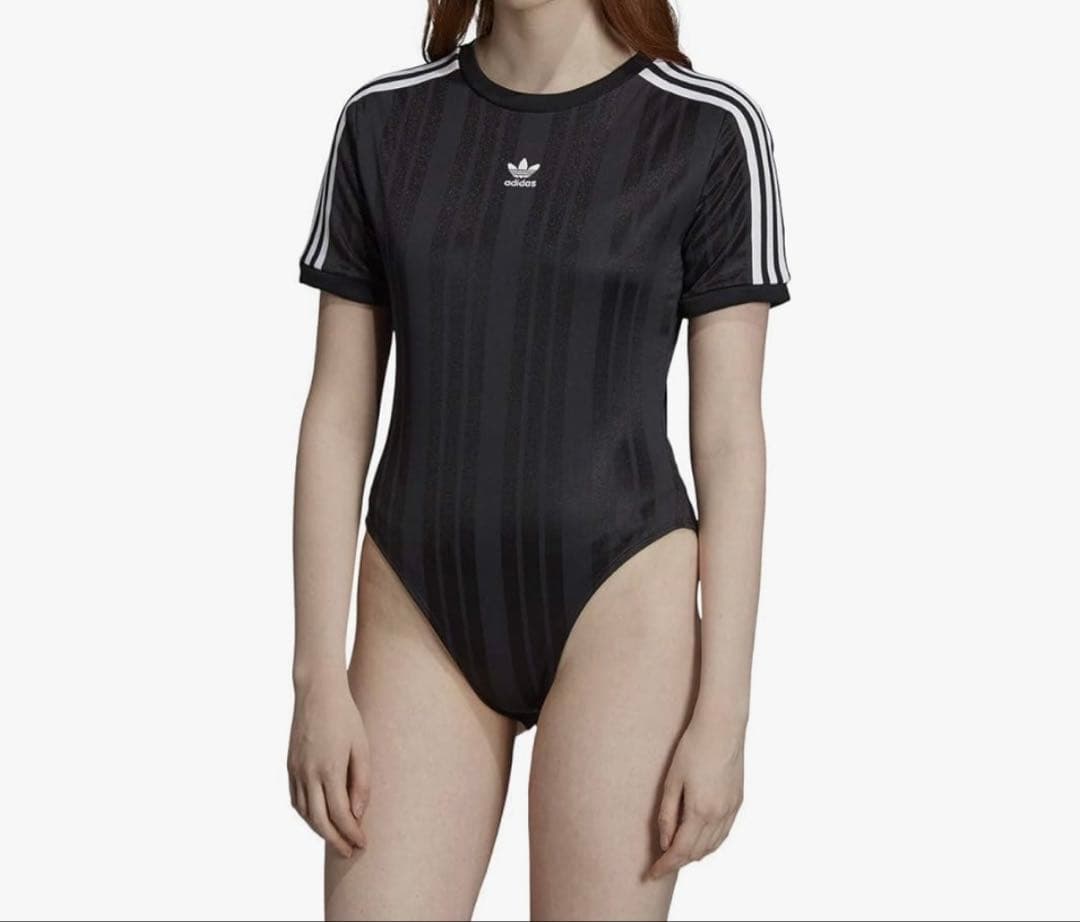 新品級 アディダス 2XL ボディスーツ 半袖 トレフォイル スリーライン 黒