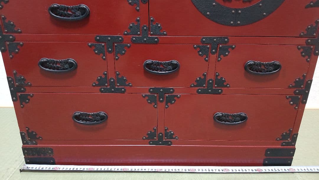 仙台箪笥 和箪笥 アンティーク 茶棚 南蛮 漆 朱色 木製 民芸 鉄金具 大型