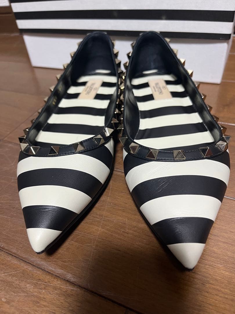Valentino ボーダーロックスタッズフラットシューズ 38