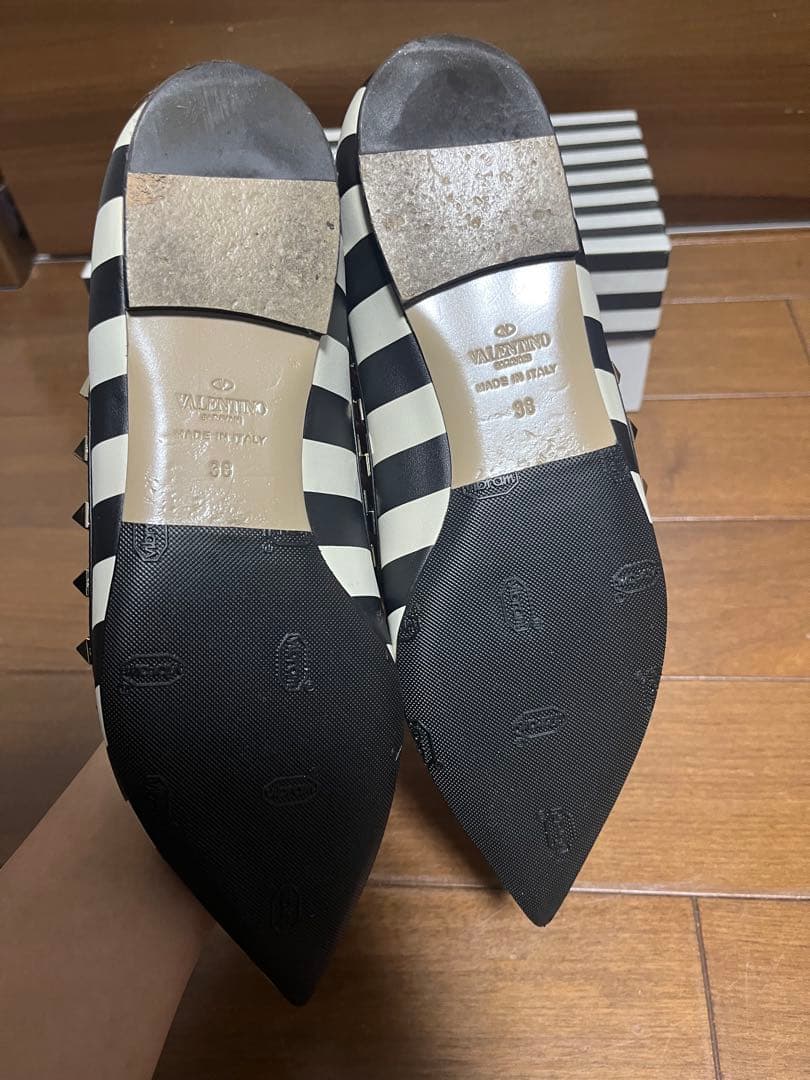 Valentino ボーダーロックスタッズフラットシューズ 38