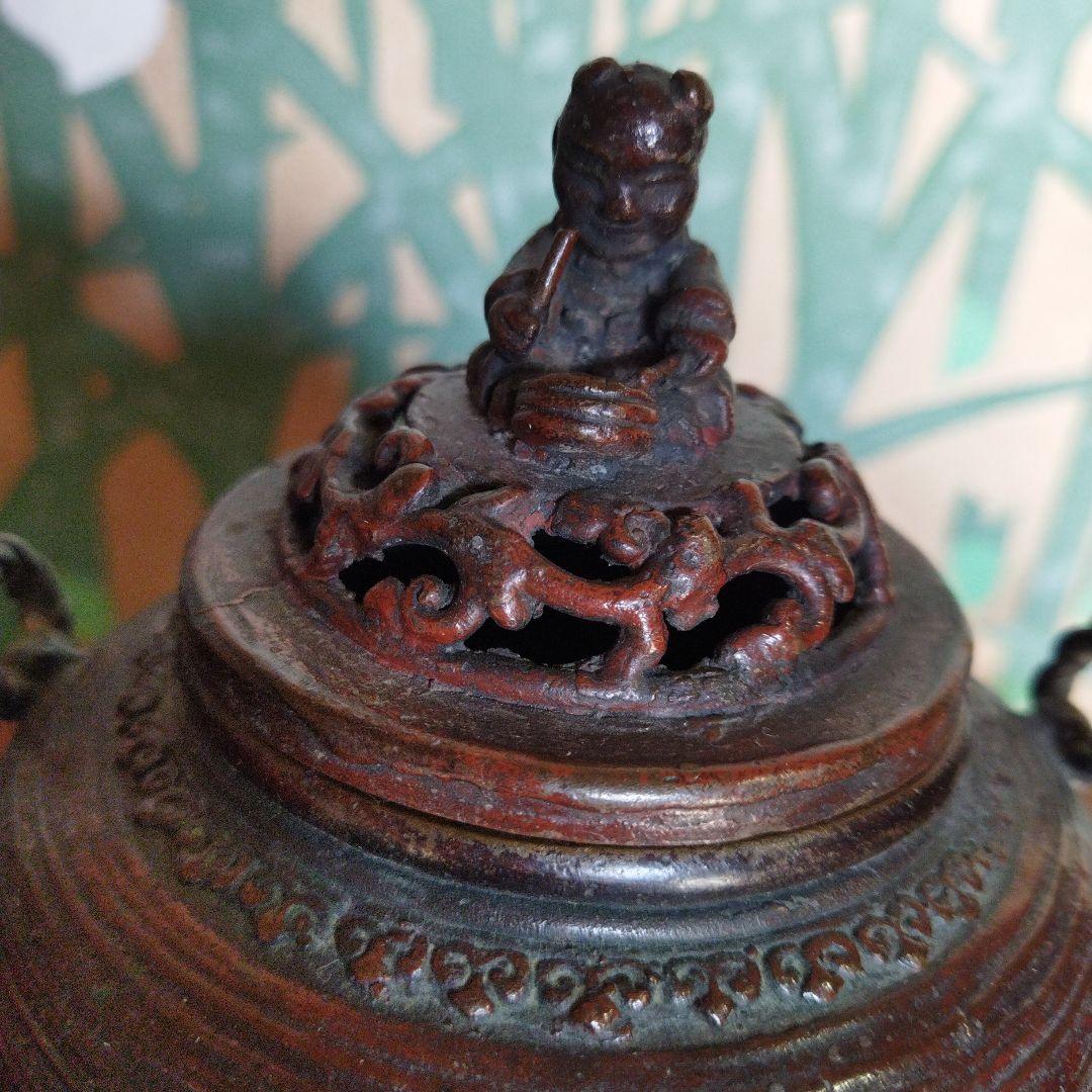 骨董　銅製香炉　三脚　木製香炉台 付き