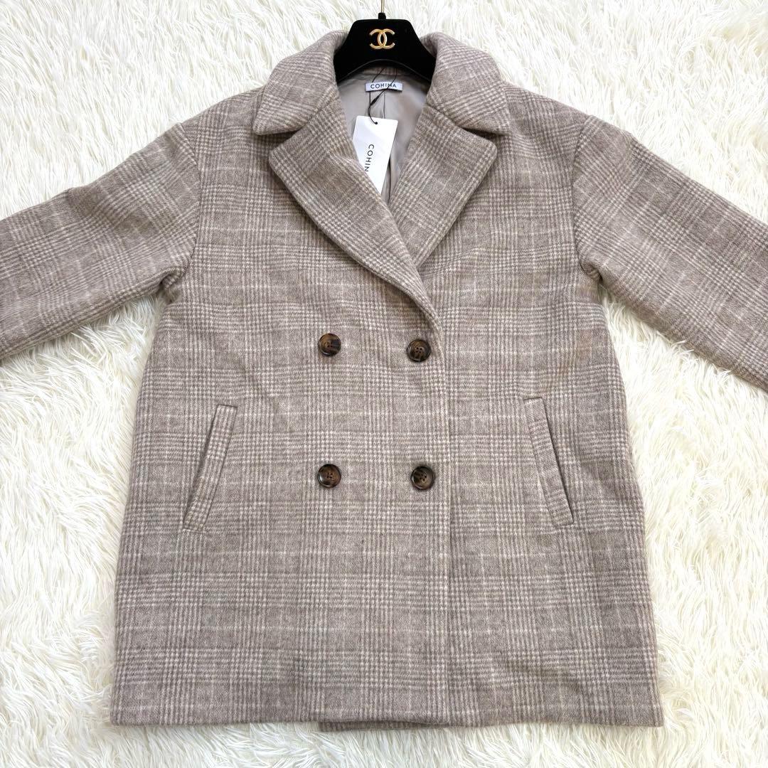 新品　COHINA コヒナ ミドル丈チェックコート F ウール混 ベージュ系