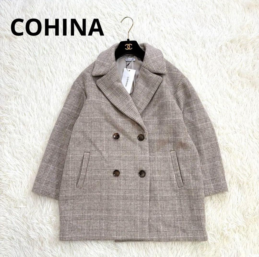 新品　COHINA コヒナ ミドル丈チェックコート F ウール混 ベージュ系