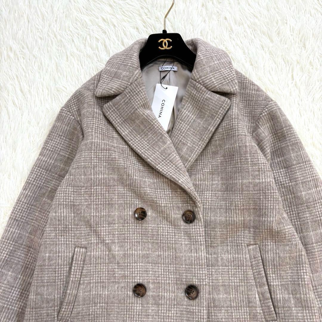 新品　COHINA コヒナ ミドル丈チェックコート F ウール混 ベージュ系