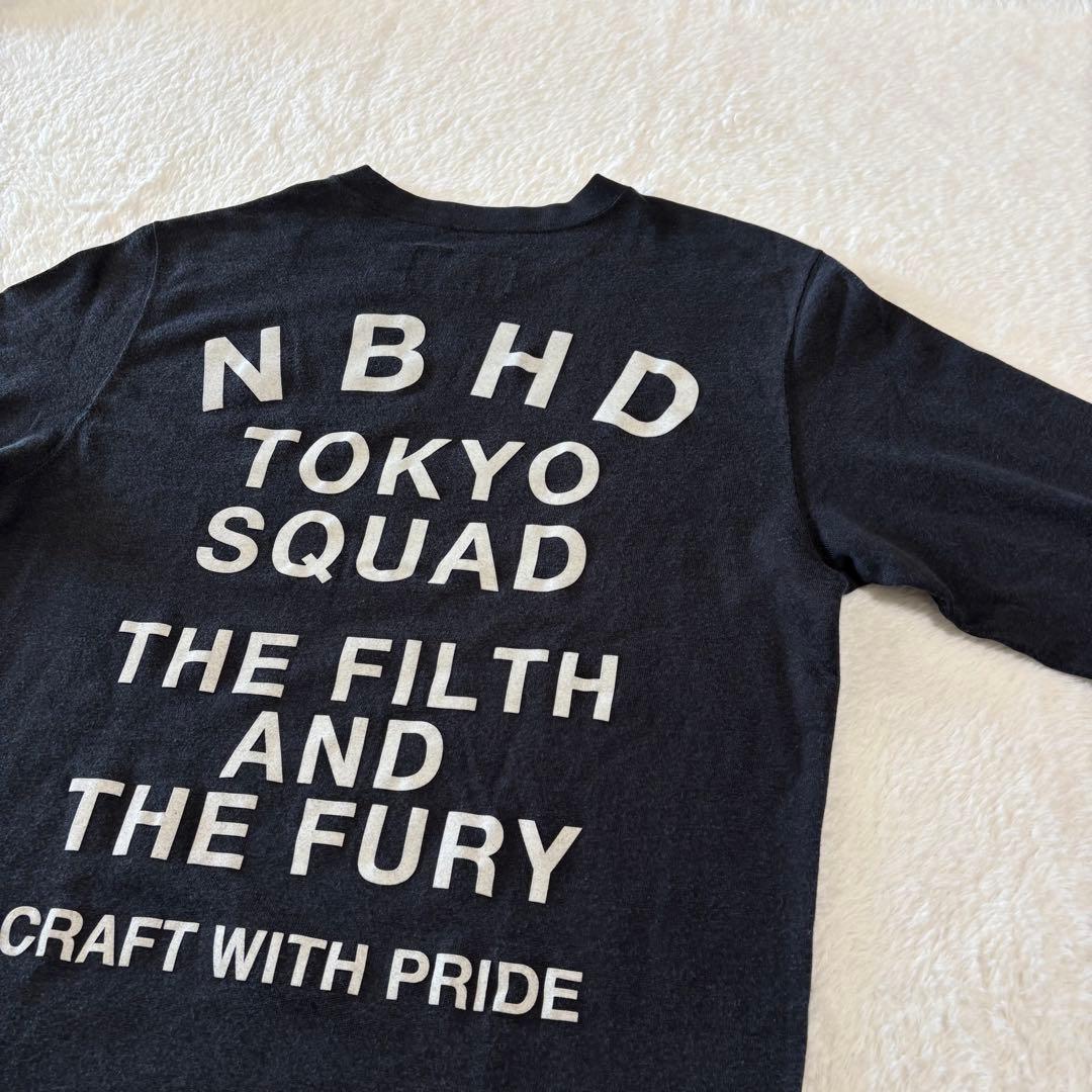 ネイバーフッド 綿×レーヨン リブ付き長袖T 1ポイント刺繍＋フロッキープリント