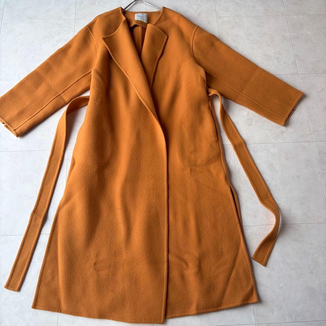 スピックアンドスパン ウール ノーカラーロングコート オレンジ 38 M ベルト