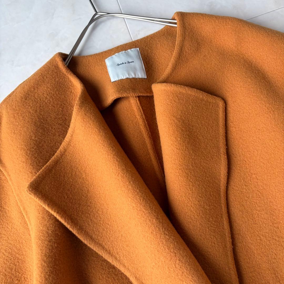 スピックアンドスパン ウール ノーカラーロングコート オレンジ 38 M ベルト