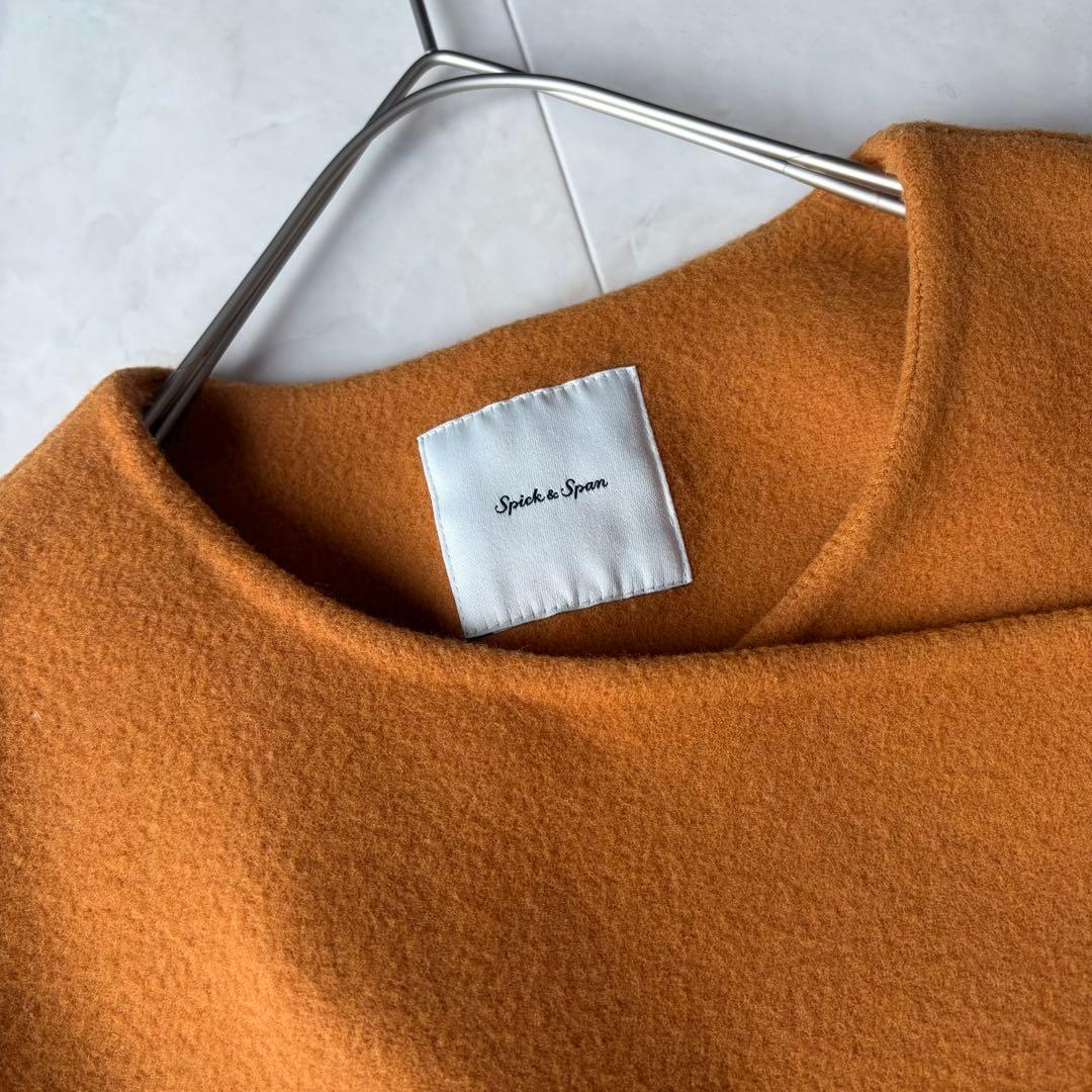 スピックアンドスパン ウール ノーカラーロングコート オレンジ 38 M ベルト