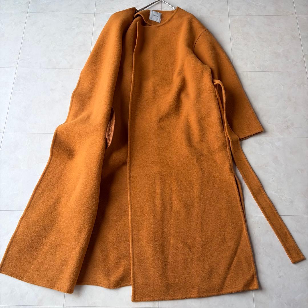 スピックアンドスパン ウール ノーカラーロングコート オレンジ 38 M ベルト