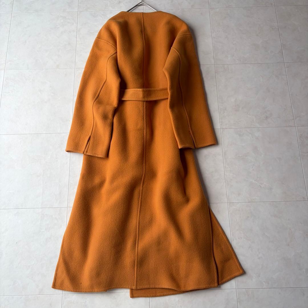 スピックアンドスパン ウール ノーカラーロングコート オレンジ 38 M ベルト