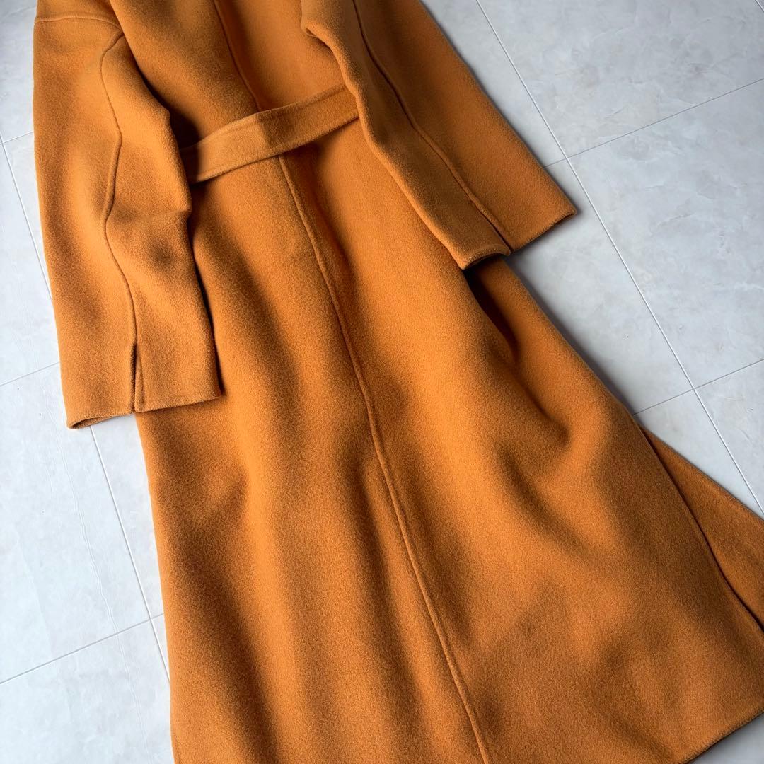 スピックアンドスパン ウール ノーカラーロングコート オレンジ 38 M ベルト