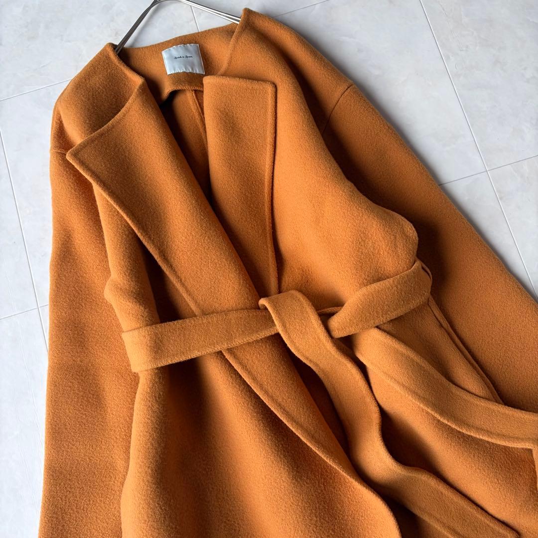 スピックアンドスパン ウール ノーカラーロングコート オレンジ 38 M ベルト