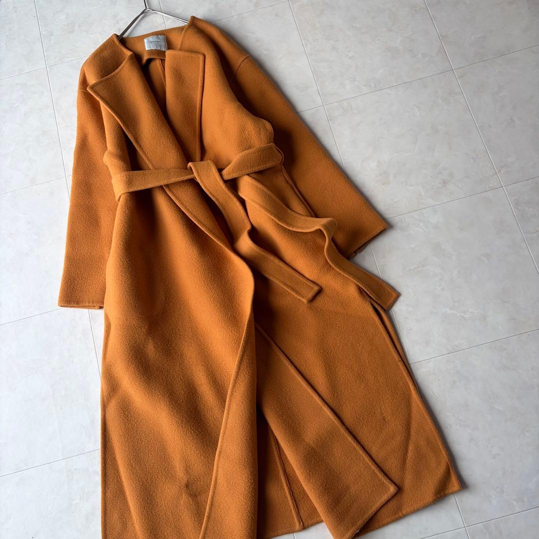 スピックアンドスパン ウール ノーカラーロングコート オレンジ 38 M ベルト