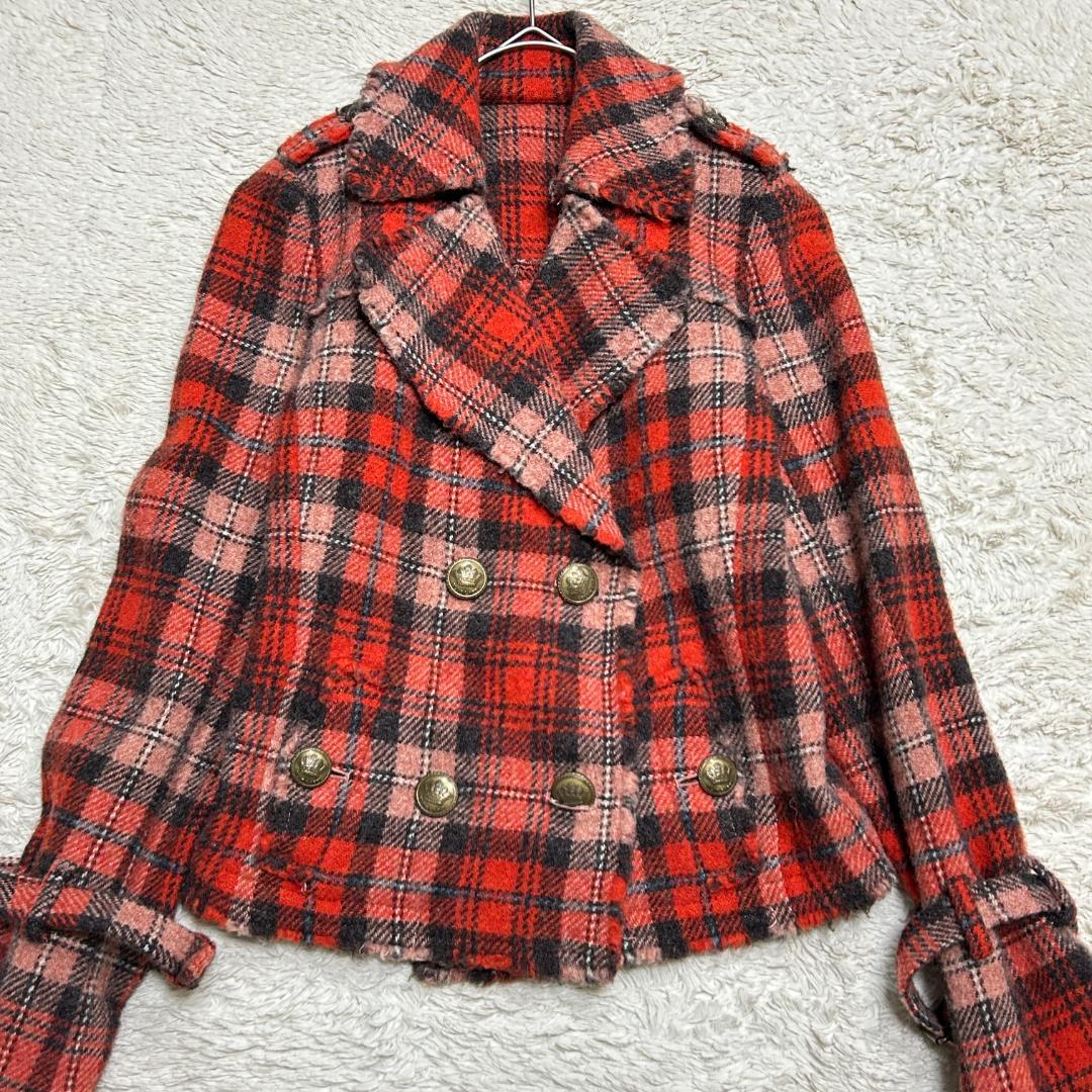 バーバリーブルーレーベル チェック柄 ウール ピーコート 刻印金ボタン